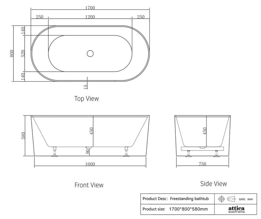 1500/1700*750/800*580mm OTTI Noosa Gloss/Matt White Oval Acrylic Freestanding Bathtub