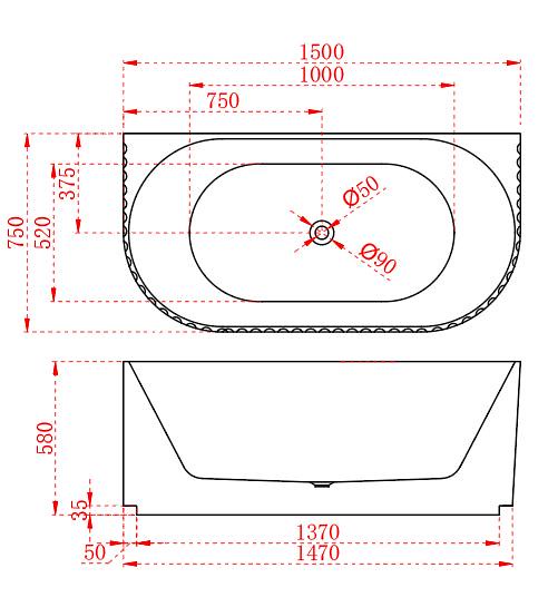 1500/1700mm ABS Roma Riva Gloss/Matt White Oval Sharp Flute Profile Back to Wall Bathtub