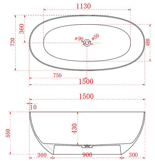 1500/1700*820/720*550mm ABS Riva Noto Oval Solid Surface Transparent Freestanding Bathtub