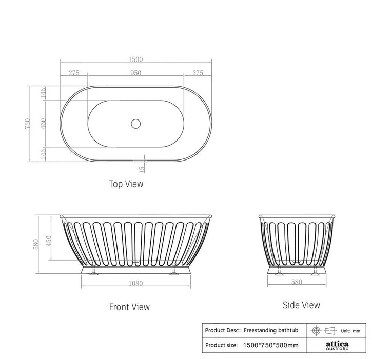 1500/1700*750/800*580mm OTTI Kensington Gloss/Matt White Oval Acrylic Freestanding Bathtub