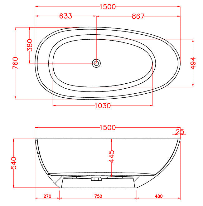 1500/1700*860/760*540mm ABS Riva Petii Oval Solid Surface Transparent Freestanding Bathtub