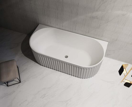 1500/1700mm ABS Roma Riva Gloss/Matt White Oval Sharp Flute Profile Back to Wall Bathtub