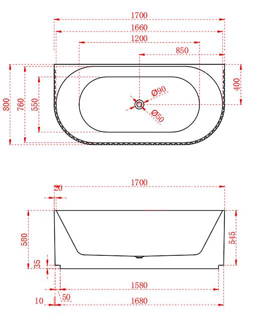 1500/1700mm ABS Roma Riva Gloss/Matt White Oval Sharp Flute Profile Back to Wall Bathtub