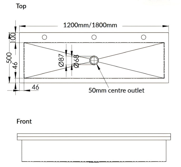 1200/1800mm 3monkeez Stainless Steel 50mm Centre Outlet Trough