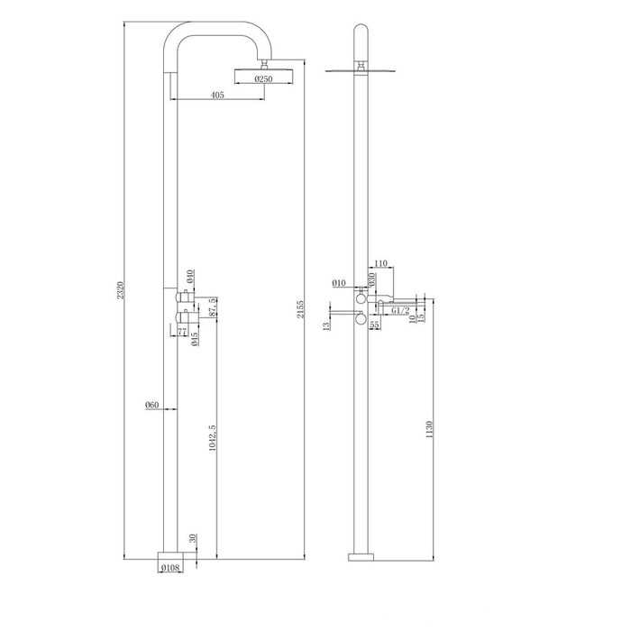 LW Elle 316 Brushed Stainless/Matt Black/Brushed Gold Stainless Steel Outdoor Free Standing Twin Shower