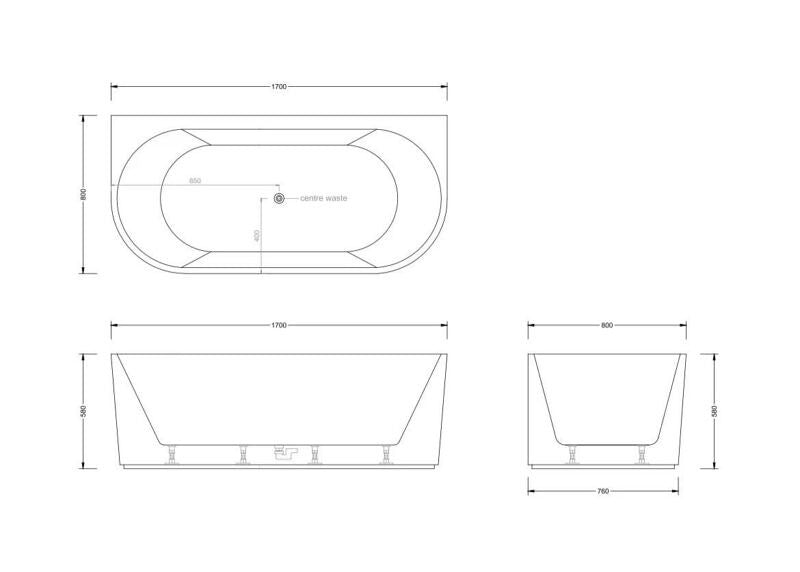 1500-1700*750mm Broadway Mallorca Fluted 10 Jets Matt Black Back To Wall Spa Bathtub