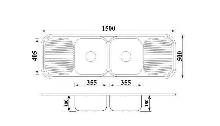 1500*500*180mm BK Traditionell 304 Stainless Steel Chrome Square Undermount Double Bowls With Drainer Laundry Kitchen Sink