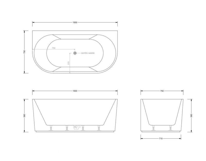 1500-1700*750mm Broadway Mallorca Fluted 10 Jets Matt Black Back To Wall Spa Bathtub