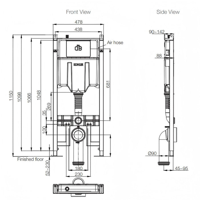 88mm KOHLER Pneumatic In-wall Cistern For Wall Hung Pan