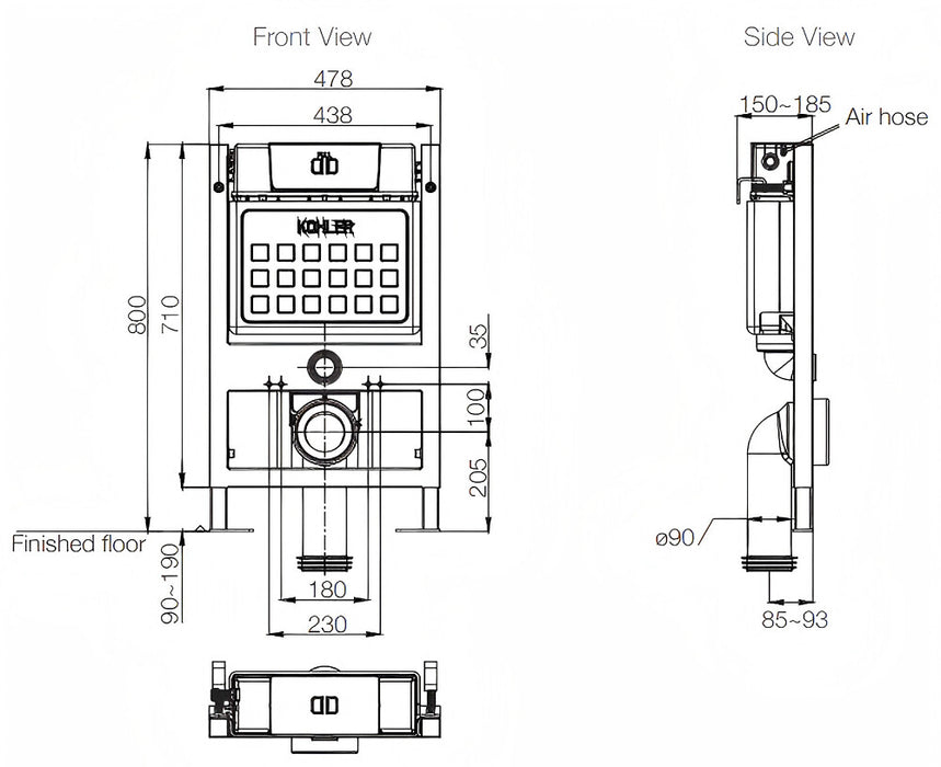 150mm KOHLER Pneumatic Low Height In-wall Cistern For Wall Hung Pan