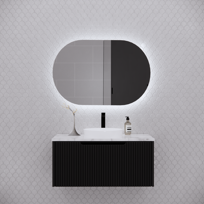 870*600*150mm ABS Paris Oval Copper-free Mirror Plywood Matt Black/Matt White Back Lit LED Shaving Cabinet