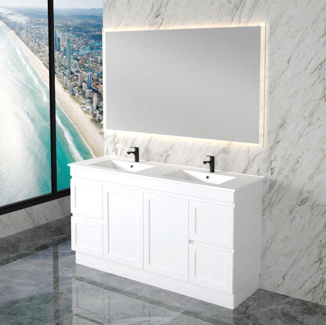 600-1500mm ABS Miami Matt White Shaker Plywood Freestanding(on Kickboard) Vanity Cabinet