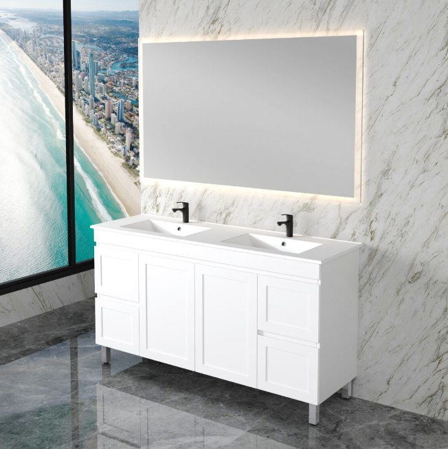 600-1500mm ABS Miami Matt White Shaker Plywood Freestanding(on Legs) Vanity Cabinet