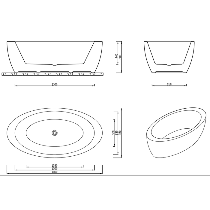 Aplauso 1800*950/1930*1110mm White Oval Acrylic Freestanding Bathtub