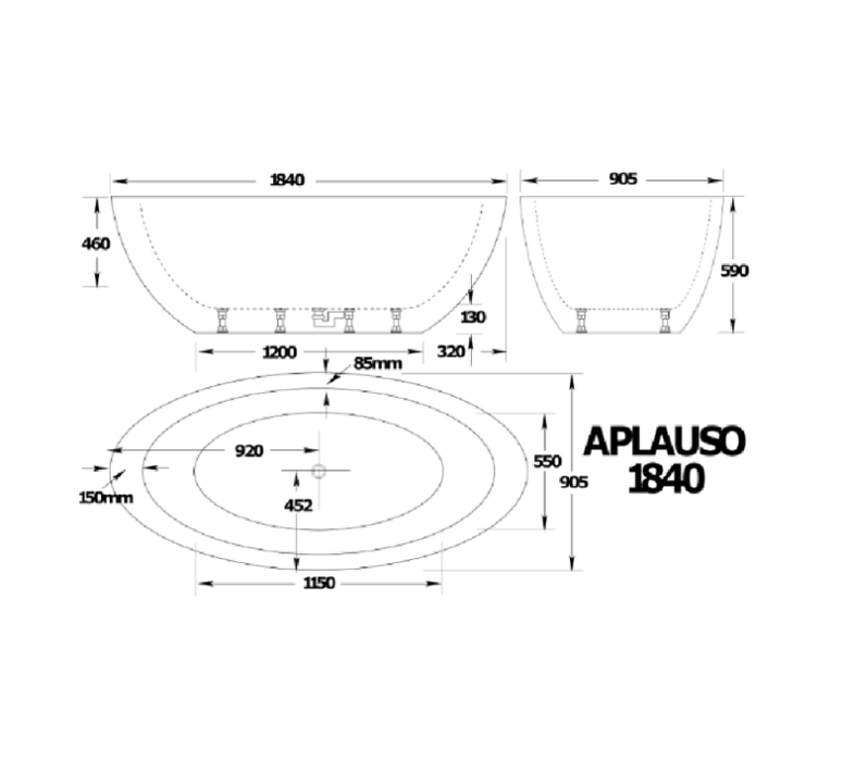 1840*905*590mm Broadway Aplauso White/Black Oval 12 Jets Acrylic Freestanding Spa Bathtub