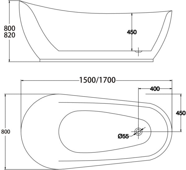 1500/1700*800*800/820mm ABS Bella Gloss White Special Shape Acrylic Freestanding Bathtub