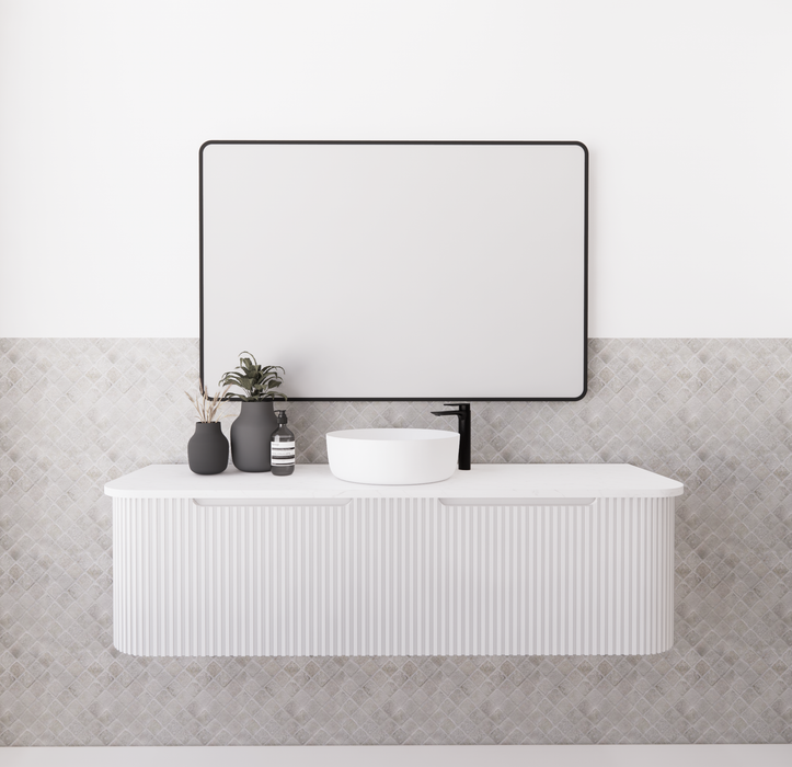 750-1500*450mm ABS Bergen Matt White Curved Edge Fluted MDF Board PVC Coating Wall Hung Cabinet Vanity