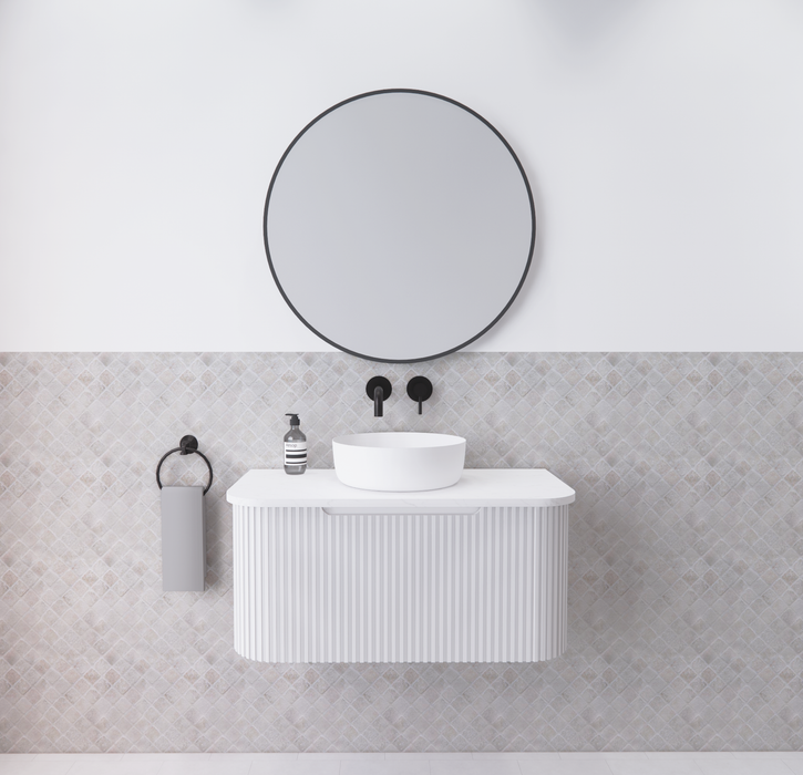 750-1500*450mm ABS Bergen Matt White Curved Edge Fluted MDF Board PVC Coating Wall Hung Cabinet Vanity