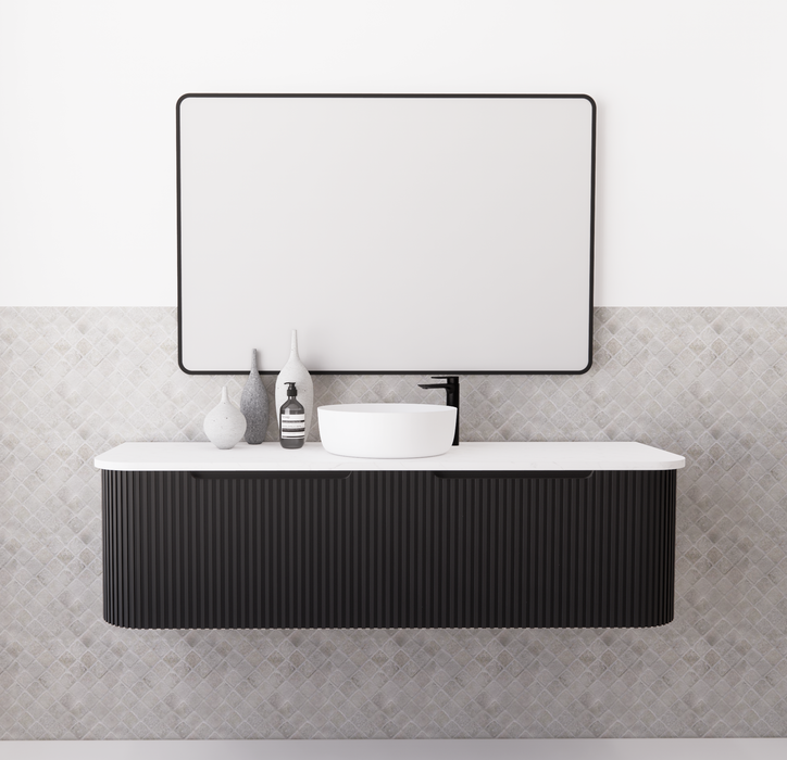 750-1500*450mm ABS Bergen Matt Black Curved Edge Fluted MDF Board PVC Coating Wall Hung Cabinet Vanity