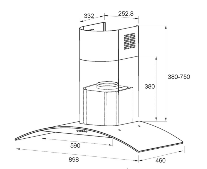 900mm Dilusso Curved Glass Canopy With Q Series Indoor/Outdoor Motor Rangehood