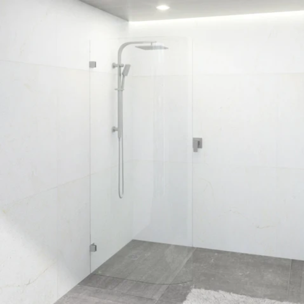 900-1100mm Covey Frameless Edge Curved Single Door Fixed Panel Shower Screens Brushed Nickel