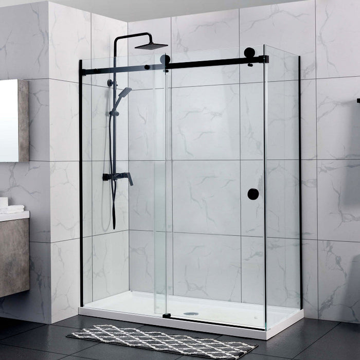 870-1180x2000mm Sliding L Shape Frameless Black SS304 Square Rail 10mm Glass Embedded Circle Handle Shower Screens