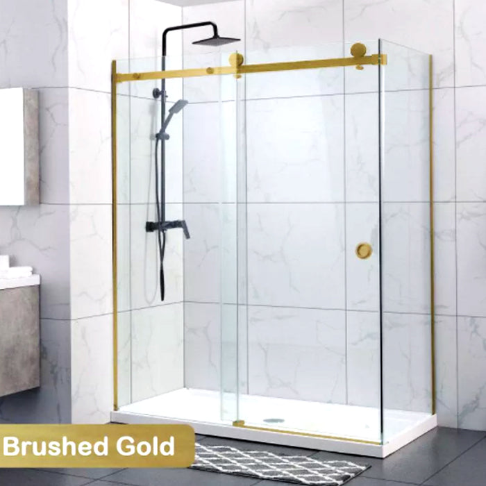 870-1180x2000mm Sliding L Shape Frameless Brushed Gold SS304 Square Rail 10mm Glass Embedded Circle Handle Shower Screens