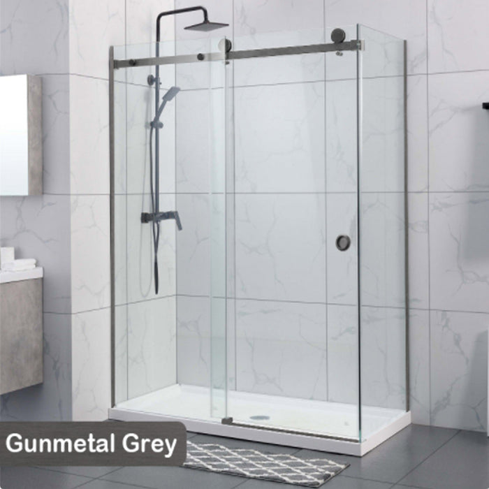 870-1180x2000mm Sliding L Shape Frameless Gunmetal Grey SS304 Square Rail 10mm Glass Embedded Circle Handle Shower Screens