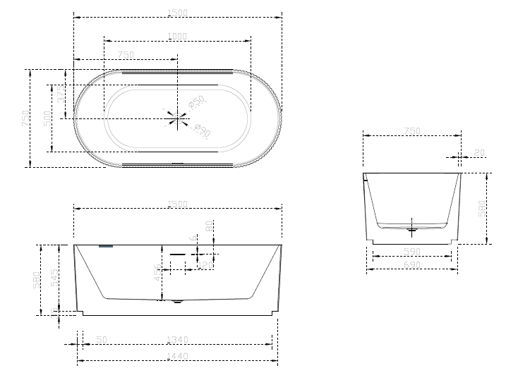 1500/1700*750/800*580mm ABS Oslo Gloss White/Matt Black Oval Shape Acrylic V-Groove Freestanding Bathtub