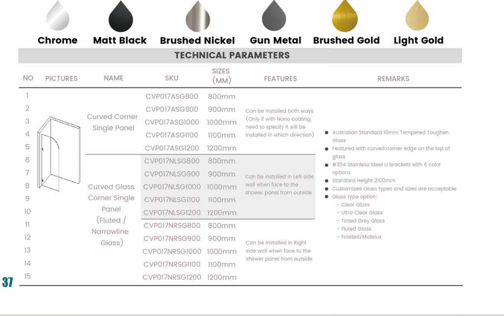 800-1200mm 10mm Tempered Toughen Glass Standard Height 2100mm Covey Gun Metal Frameless Fluted/Narrowline Glass Single Panel With Top Outside Corner Curved Shower Screens