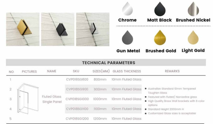 800-1200mm 10mm Tempered Toughen Glass Standard Height 2000mm Covey Black Frameless Single panel with narrow line Shower Screens