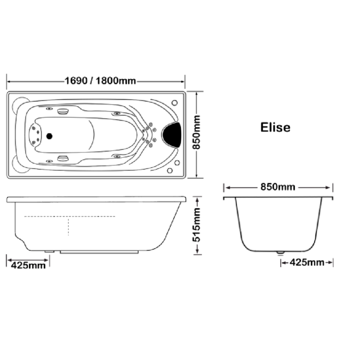 1690-1800*850*515mm Broadway Elise 16 jets White Acrylic Drop In Spa Bathtub