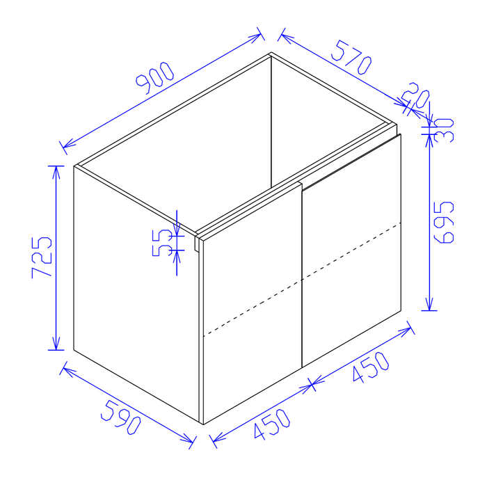 900*590*725mm Satin White Floor Blind Corner Cabinet