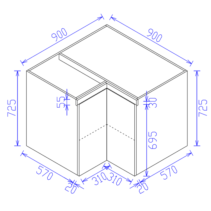 725*900*900mm Satin White Floor Corner Cabinet