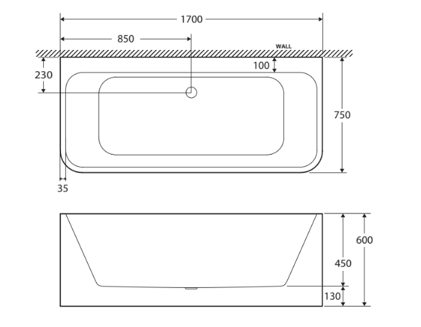 1700mm FIE Delta Gloss White Rectangle Acrylic Back To Wall Bathtub