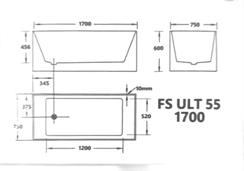 1500-1700*700*600mm Broadway ULT 55 Gloss White Acrylic Rectangle Freestanding BathTub