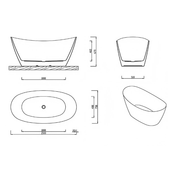 FS11 1500/1700mm White Oval Acrylic Freestanding Bathtub