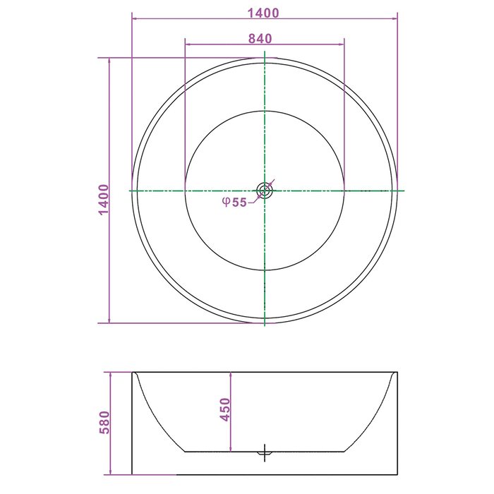 1400*1400*600mm Broadway FS19 White Acrylic Round Freestanding Bathtub