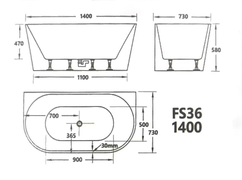 1400-1700mm Broadway FS36 Gloss White/Black Oval Acrylic Back To Wall Bathtub