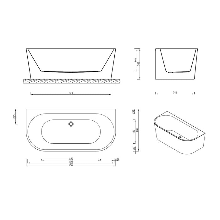 FS36 1700*800*580mm Gloss White Rectangle 10 Jets Back to Wall Freestanding Spa Bath