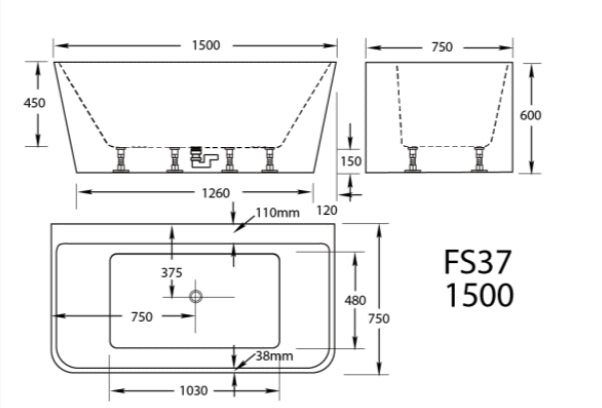 1500-1700mm Broadway FS37 Gloss White/Gloss Black Oval Acrylic Back To Wall Bathtub