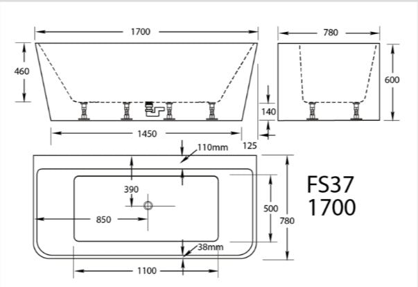 1500-1700mm Broadway FS37 Gloss White/Gloss Black Oval Acrylic Back To Wall Bathtub