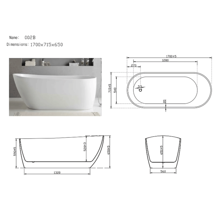 1500/1700*700mm Broadway FS6 White Acrylic Freestanding Bathtub