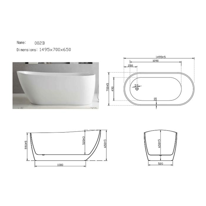 1500/1700*700mm Broadway FS6 White Acrylic Freestanding Bathtub