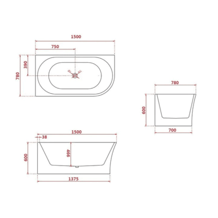 FS7 1500/1700mm Gloss White Rectangle 10 Jets Back to Wall Freestanding Spa Bath