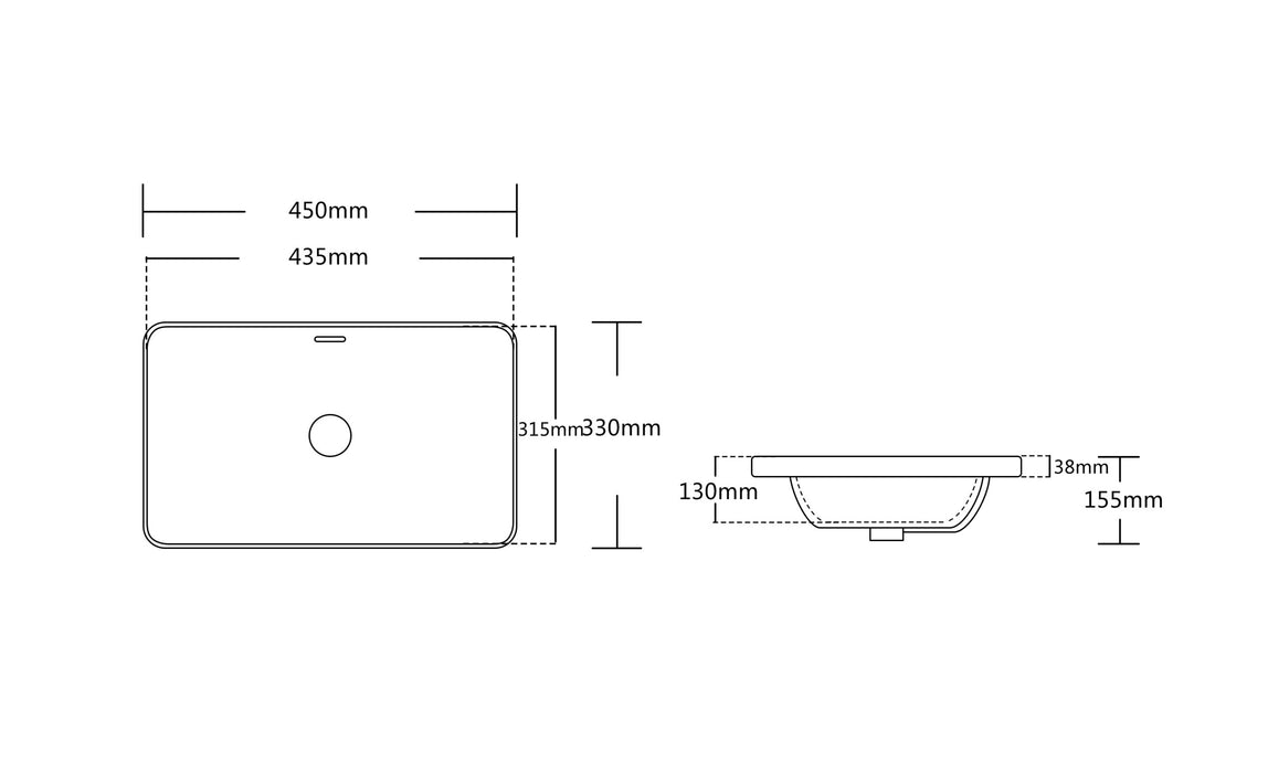 450*330*150mm Infinity Gloss White Ceramic Rectangle With Overflow Insert Basins