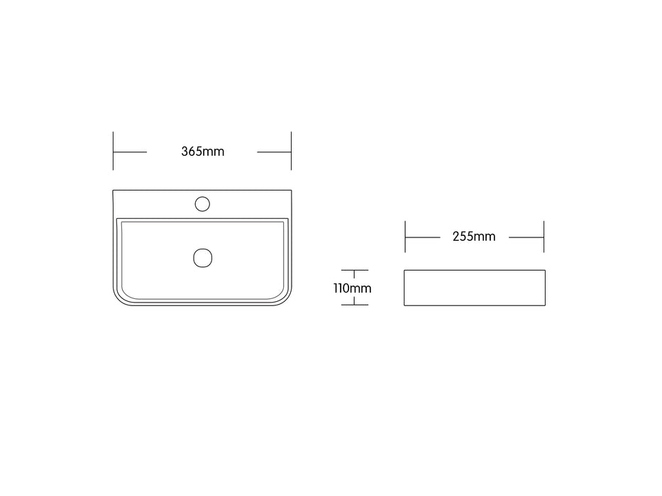 365*255*110mm Infinity Gloss White Ceramic Rectangle With 1 Tap Hole Above Counter Basins