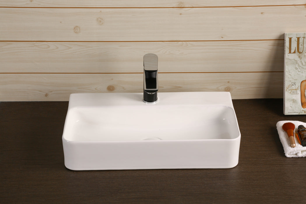 530*300*110mm Infinity Gloss White Ceramic Rectangle With 1 Tap Hole Above Counter Basins