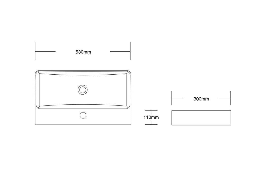 530*300*110mm Infinity Gloss White Ceramic Rectangle With 1 Tap Hole Above Counter Basins