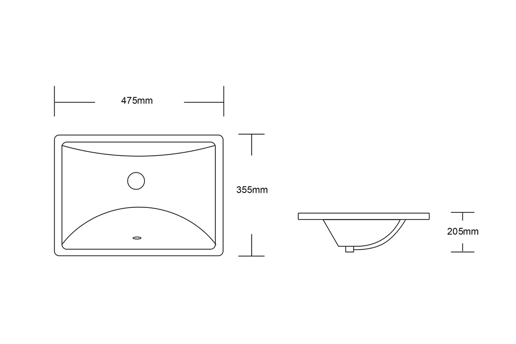 475*355*230mm Infinity Gloss White Ceramic Rectangle Under-Mount Basins